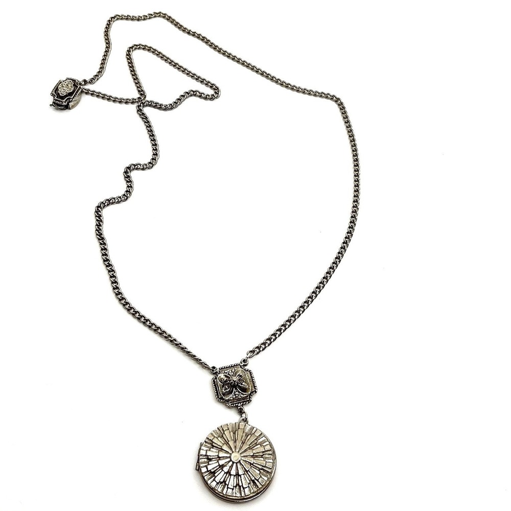 Vintage Silver Tone Art Deco Sunburst Locket Necklace –‎ Floral Accent Box Clasp
